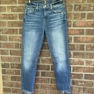7 For All Mankind Blue Ankle Cropped Jeans with Raw Hem